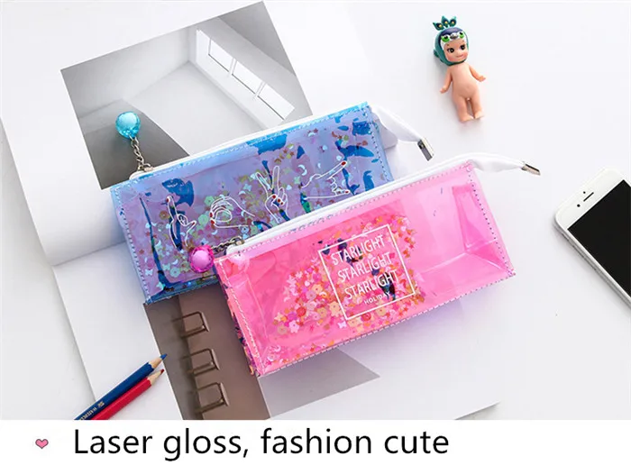 Fashion Harajuku Charms Zipper Hologram Metallic Color Sequin Transparent Laser Pencil Case Woman Cosmetics Makeup Bag Handbag (18)