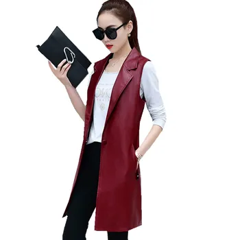 

Pu Leather Vest Long Jacket Women's Sleeveless Blazer Quilted Veste Femme Zipper Vest Waistcoat for Women ow0089