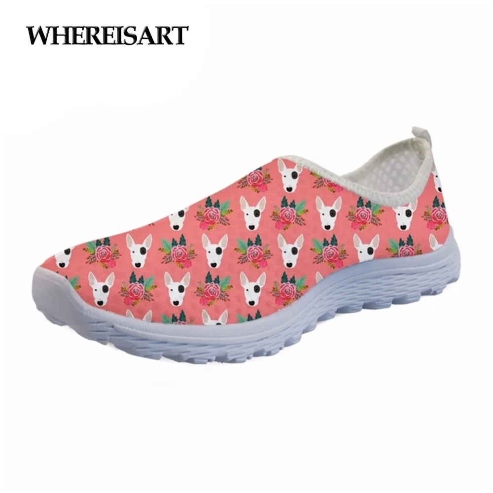 

WHEREISART Cute Bull Terrier Pattern Women's Shoes Flats Mesh Breathable Women Sneakers Woman Summer Ladies Light Shoes Loafers