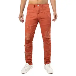 Новые мужские рваные, повседневные джинсы, поддельные двойные брюки, личность, мужские повседневные брюки, оранжевые повседневные брюки