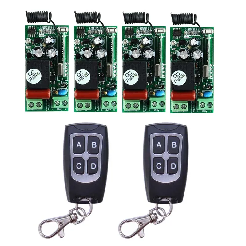 

AC220V 1CH 10A Wireless Remote Control Relay Switch System 4 Receiver& 2 Transmitter Light Lamp LED SMD ON OFF 315Mhz/433.92Mhz