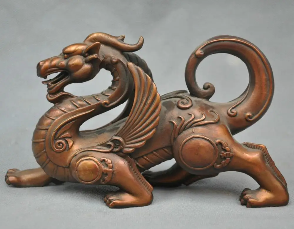 

SS 8" China Folk Dragon Unicorn with Wings Bronze Statue