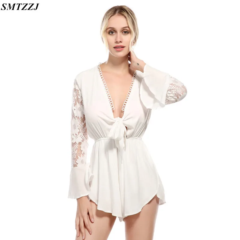 SMTZZJ 2018 Brands White Lace Sequined Jumpsuit Romper