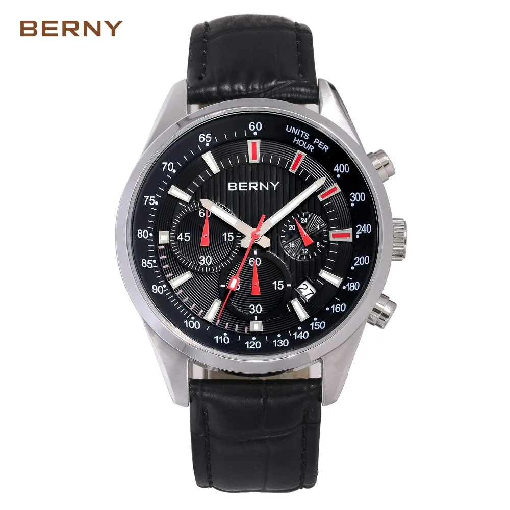 Мужские часы BERNY из нержавеющей стали chronograp, водонепроницаемые, высокое качество, erkek kol saati 2830 м