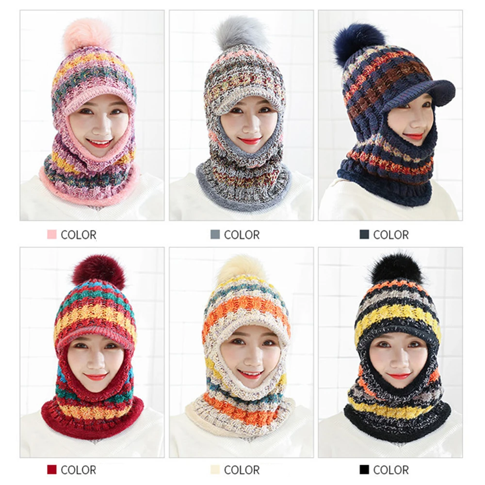 Зимние теплые для женщин Шерсть вязанные шарф и шапка мягкие толстые лыжные Велоспорт маска кепки плюс бархатные подарки Harajuku многоцветный