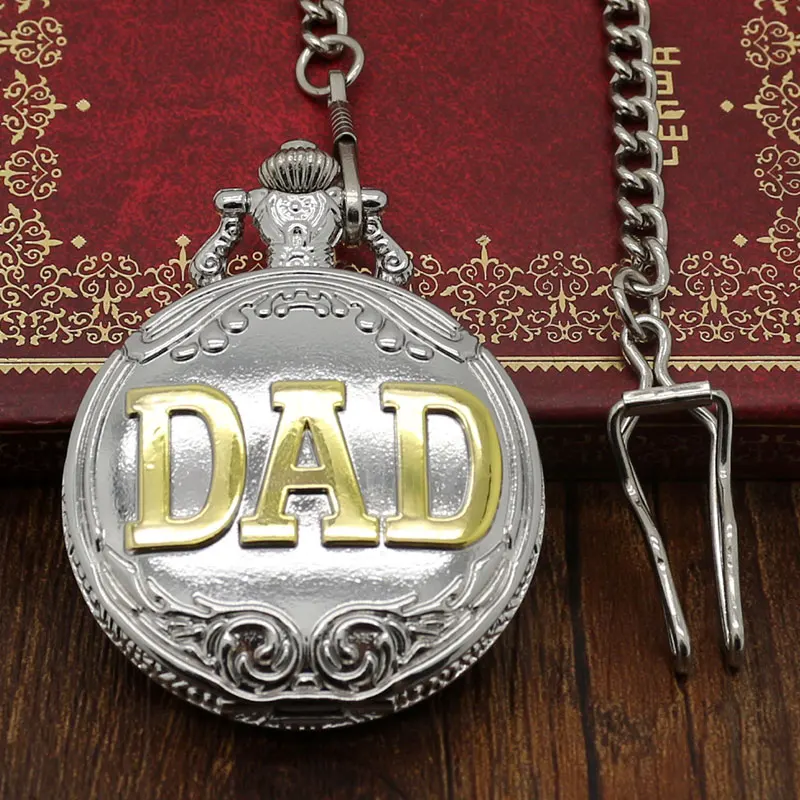 

Luxury Creative Silver Mens Quartz Pocket Watch Golden DAD Carving Analog Watches Pendant Thick Chain Father's Day Gifts