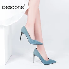 BESCONE Sexy Party Pumps Best Seller Kid Suede Pointed Toe 10cm Supper High Thin Heel Woman Shoes Spring Slip-on  Lady Pumps A34