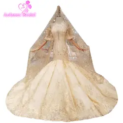 Настоящее золото Русалка свадебное платье 2019 с открытой спиной половина рукава блестит Sparlk Роскошные свадебные платья Дубай
