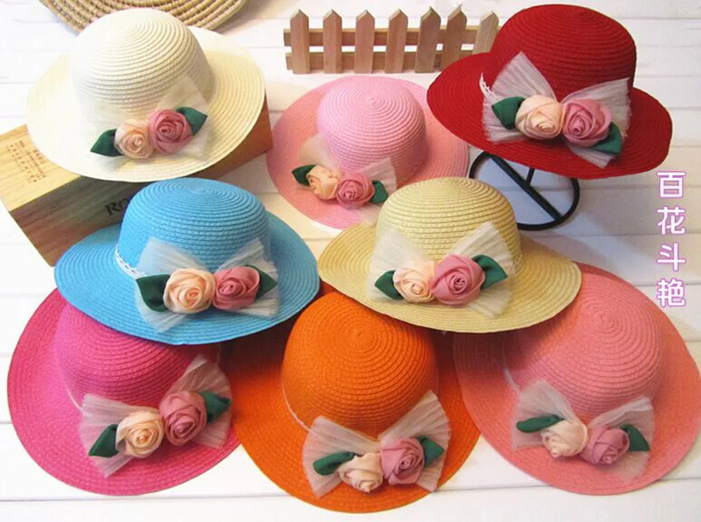 1 шт., новинка, Детская шляпа для защиты от солнца с двумя розами, весенне-летняя Солнцезащитная соломенная шляпа для женщин и девочек, детские шапочки, 8 цветов