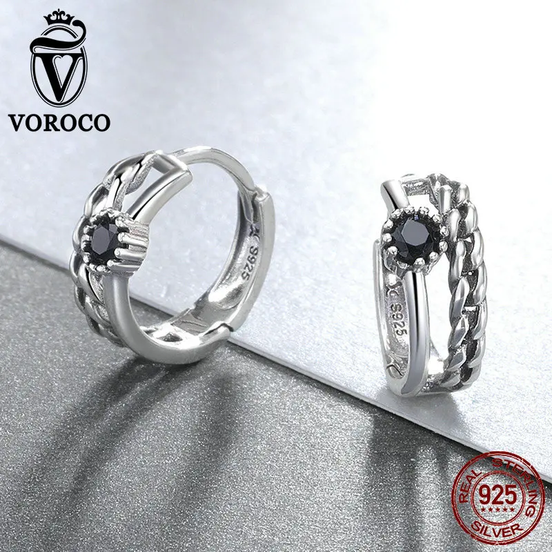 VOROCO подлинные 925 пробы серебряные черные CZ Винтажные серьги-кольца для женщин шикарные стильные S925 Роскошные ювелирные украшения подарок VSE145
