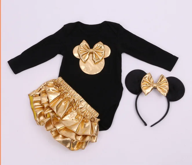 Летняя одежда для маленьких девочек хлопковый комбинезон короткий рукав золотые кружевные Кружевные шорты Минни повязка на голову для новорожденного, для малыша, комплекты