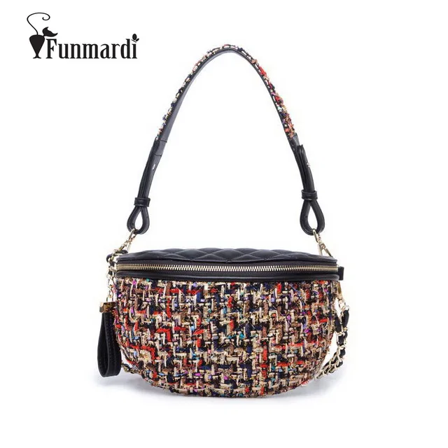 FUNMARDI New Luxury Woolen Fanny Pack Brand Design Belt Bag High-end PU Leather Waist Bag Vintage Thread Women Bags WLAM0195