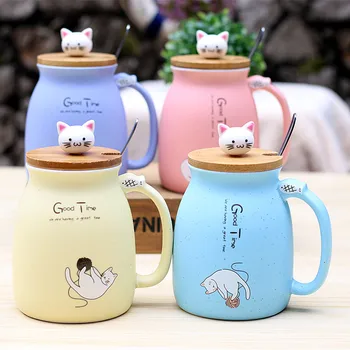 

New Sesame Cat Heat-resistant Mug Cup Colorful With Lid Cup Cartoon Cat Coffee Milk Ceramic Mug Children Cup Kid Gifts