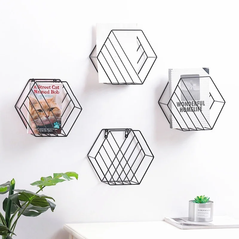 

Metal Wire Hexagon Shelves Brackets Magazine Rack Perfect for Record Storage Holders Stands or Mounts to Wall Titanium