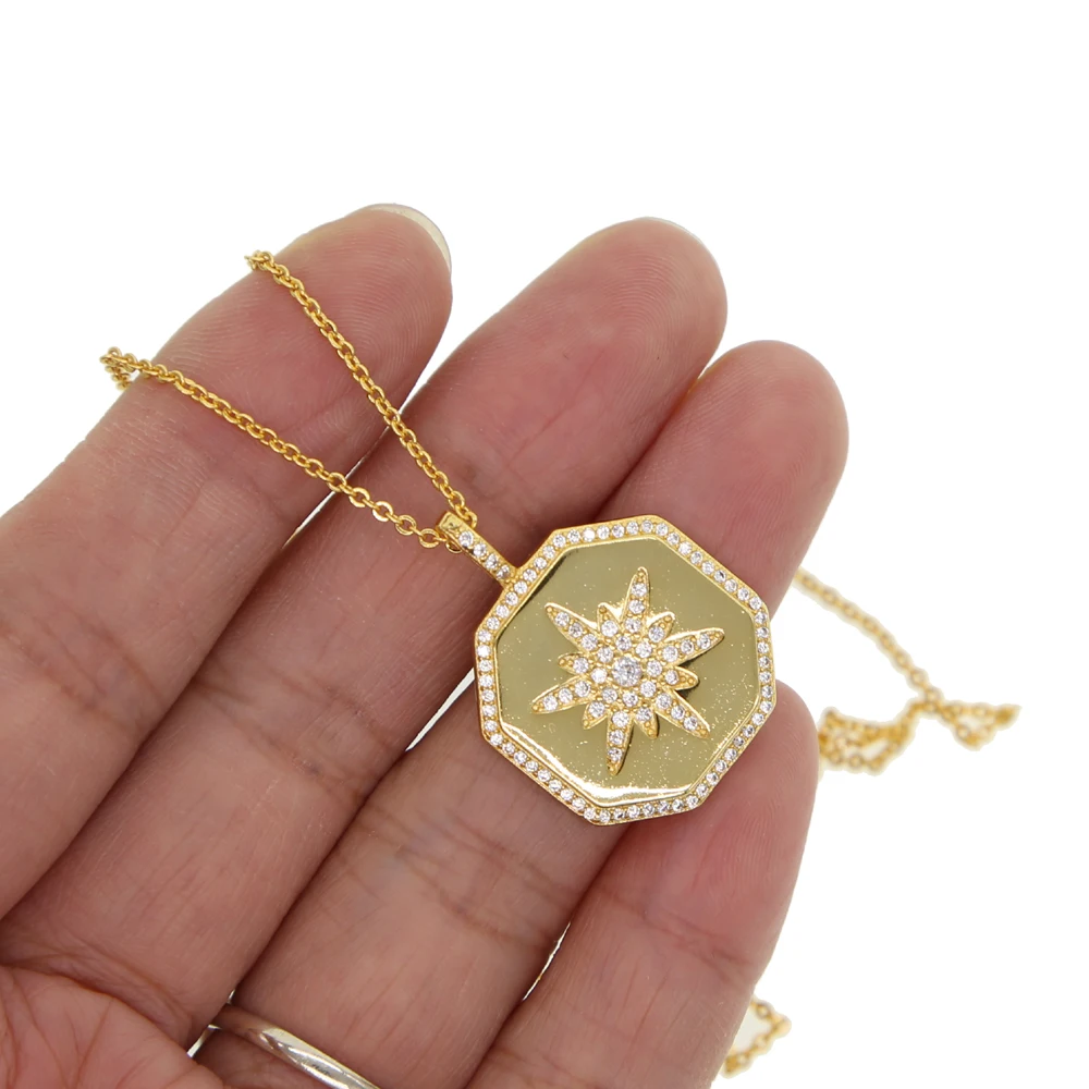 Высокое качество геометрический гексгон кулон ожерелье золотого цвета гравированные cz northstar starburst перстень ожерелья для женщин