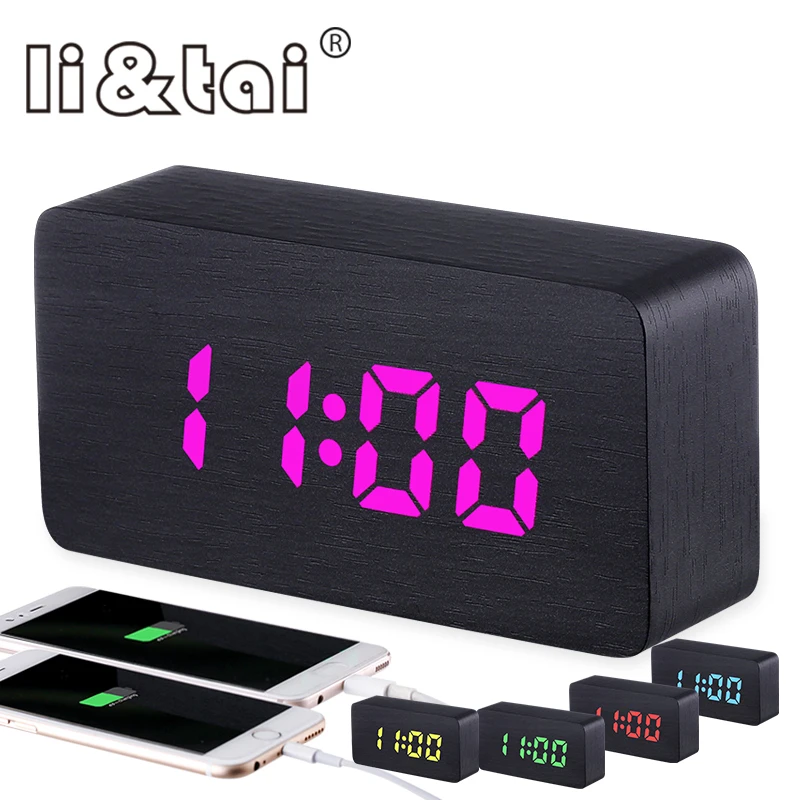 

Multicolor Multifunction LED Wooden Alarm Clock charge your phone Snooze Function Sounds Control Desktop Digital Table Clock