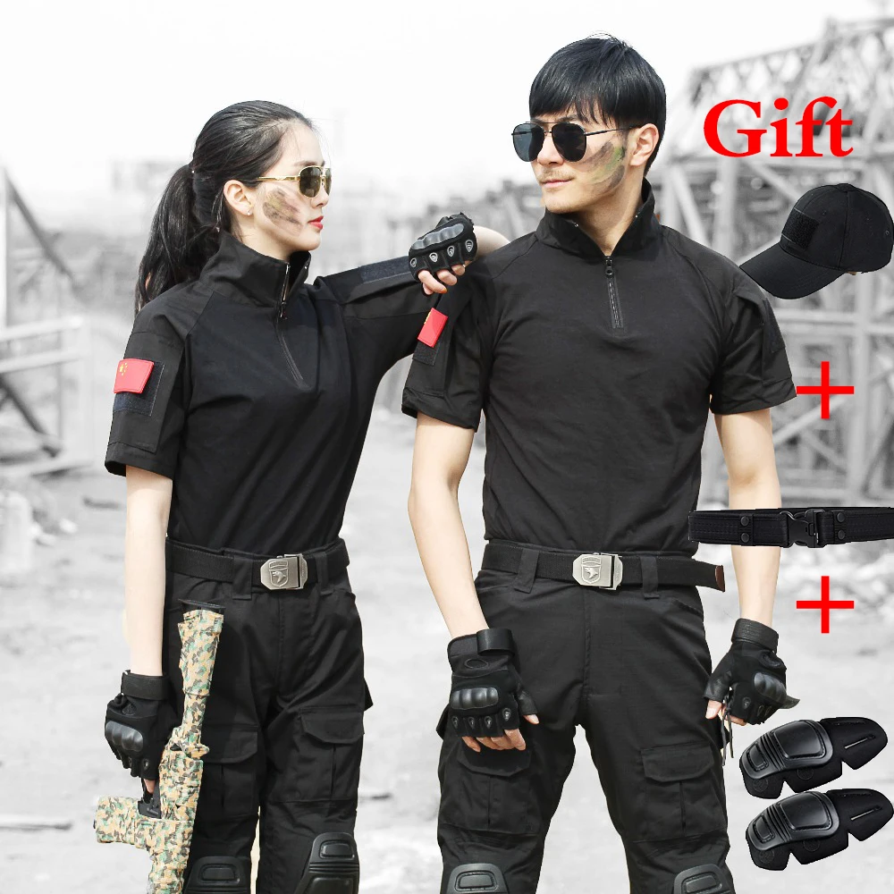 

Black Short Sleeve Shirt Summer Breathable Pants With Knee Pads Hunting Suit Army Tactical Training Suit Military Combat Uniform
