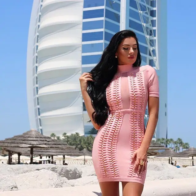 Buy Cheap factory Wholesale 2016 new dress Pink stretch mesh Pink stretch mesh Sexy Cocktail party Bandage dress (H0945)