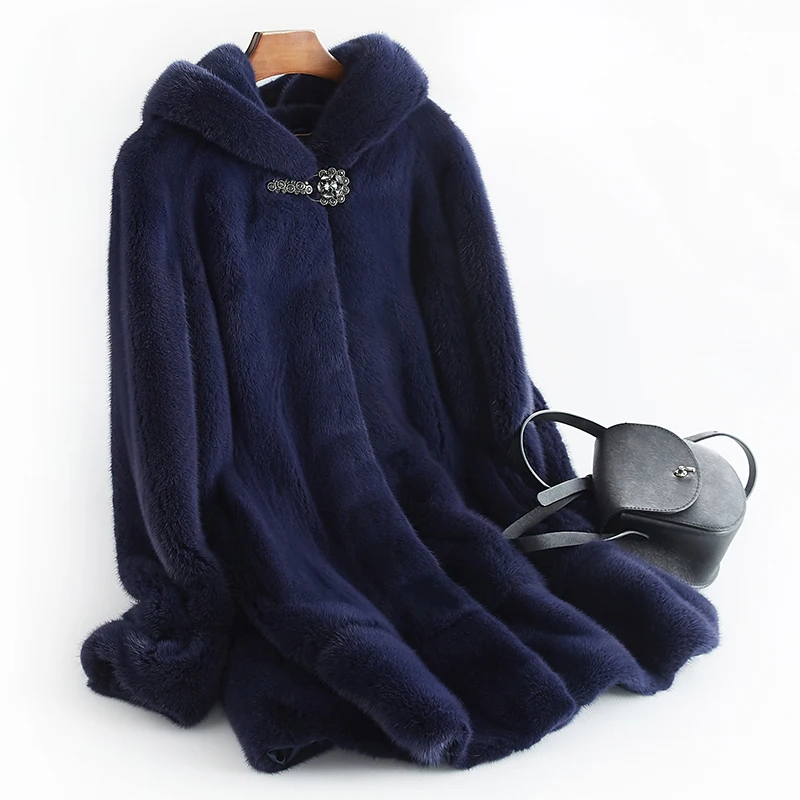 Зимняя женская модная норковая шуба с капюшоном, верхняя одежда, куртки, пальто, импортная Роскошная качественная меховая одежда - Цвет: Тёмно-синий