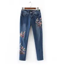 New Women Embroidery bird Flower Jeans Pants Denim Pencil Pant Casual Daily Femme Trousers a311