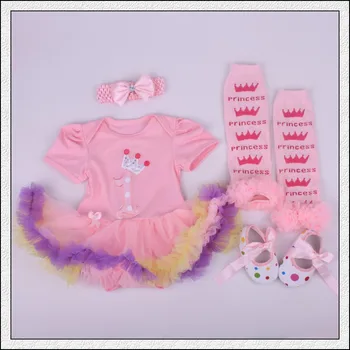 

4PCs per Set Infant Lace Romper Pink 1st Birthday Baby Girls Tutu Dress Headband Shoes Leggings for 0-12months Free Shipping
