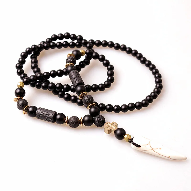 Black BLava Stones Bead with Hematite cross charm pendant necklace - Image 2