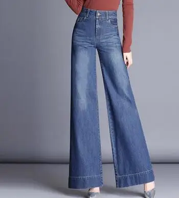 Широкие брюки для женщин Плюс Размер повседневные джинсы из денима осень весна Высокая талия новые модные женские брюки смесь хлопка lyq0703