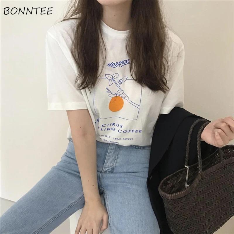 

T-shirts Women Simple Tops Chic Printed Korean Summer Clothing Womens Trendy Student Leisure All-match Short Sleeve Classic Tees