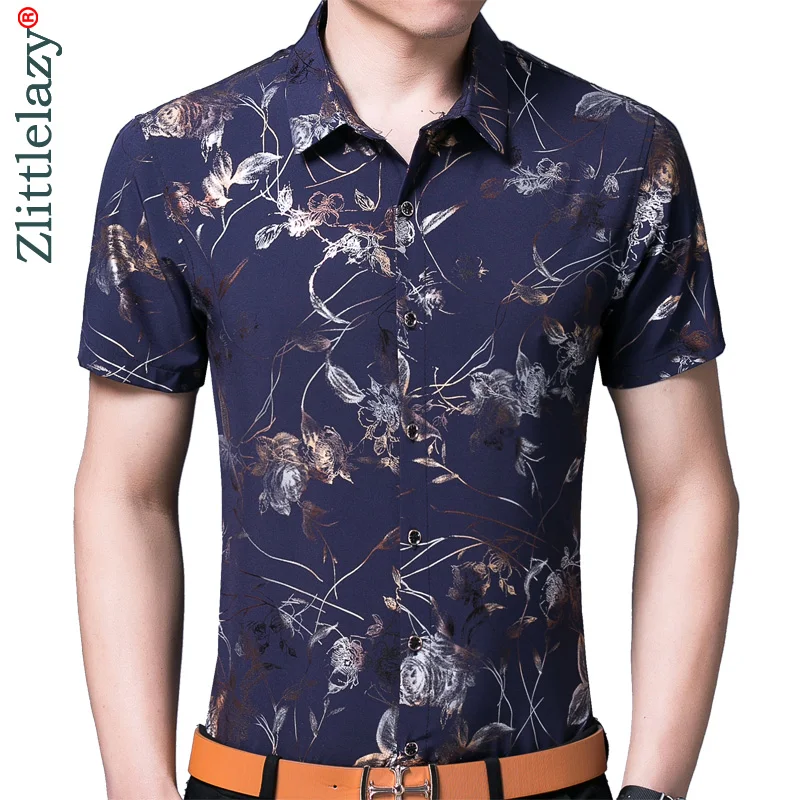 

2019 summer short sleeve men shirt flower dress casual slim fit social male clothes luxury shirts mens fashion high quality 1009