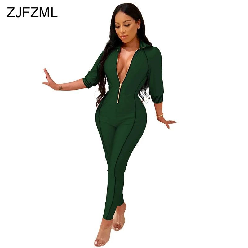 ZJFZML Plus Size Jumpsuit For Women 2018 Casual 3/4 Sleeve Turn-Down Collar Plus Size Catsuit Autumn Front Zipper Bandage Romper