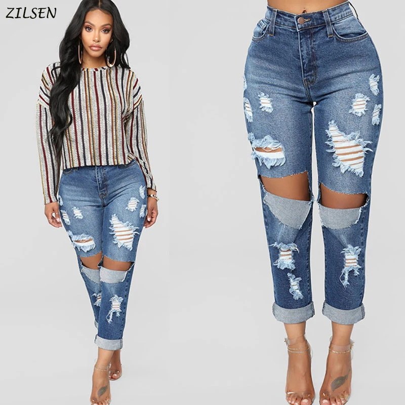 

2019 new Women Pants Breeches Overalls Vintage Female Torn Trousers Plus Size Knee Hole Hole Jeans Cotton Denim Gloria Jeans