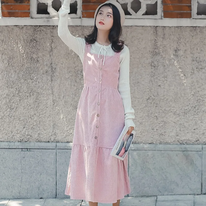 Mori Girl Autumn Winter Women Long Sundress Suspenders Pink Khaki Lolita Style Party Dress Elegant Kawaii Corduroy Ruffles Dress