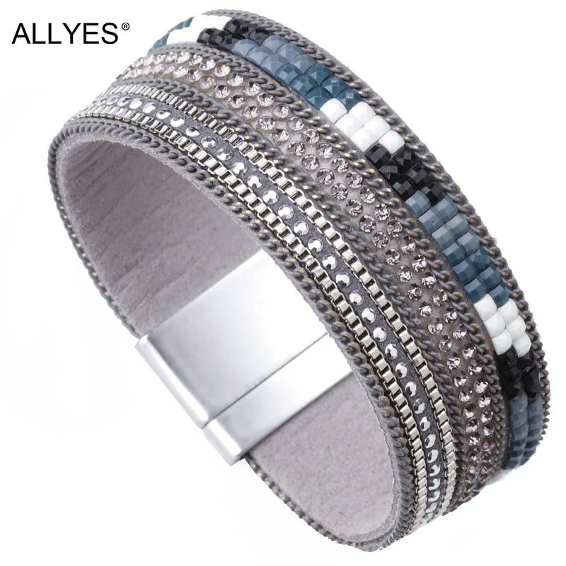 

ALLYES Leather Bracelets For Women 2019 Crystal Bohemian Ladies Multilayer Wide Wrap Bracelet Female Femme Vintage Party Jewelry