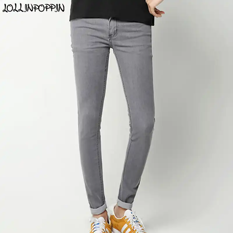 Men Gray Skinny Jeans Slim Denim Pants 