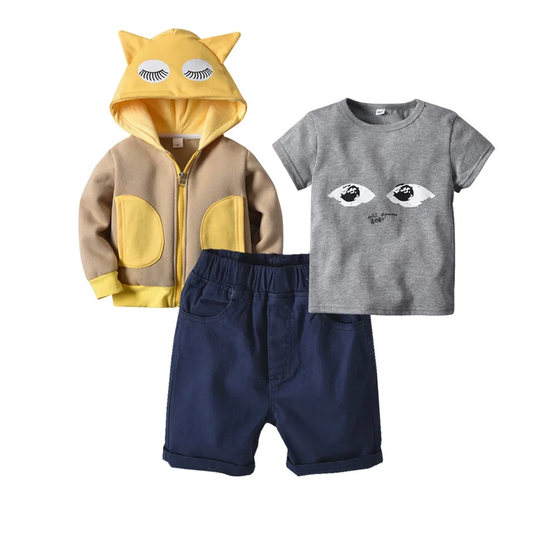 

Cute Cartoon Coat+Short Sleeve T-shirt+Shorts Pants Suits Baby Kids Clothing 3PCS/Set Cotton Girls Boys Casual Outfits for 2-5Y