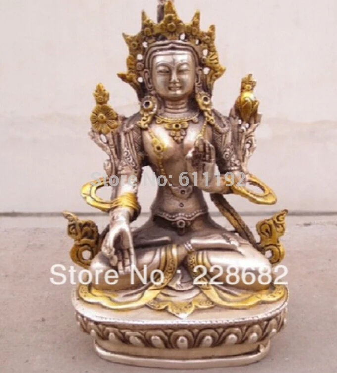 

Asian tibet silver white copper handwork gilt Exorcism Buddha GuanYin statue