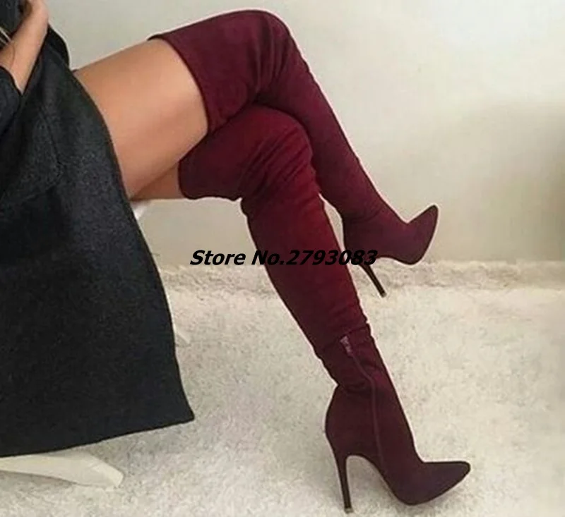 

New Design Women Over the Knee Boots Faux Suede Long Boot Women Red Gray Black Party Shoes Mujer Thin Heels Shoes Plus Size 46