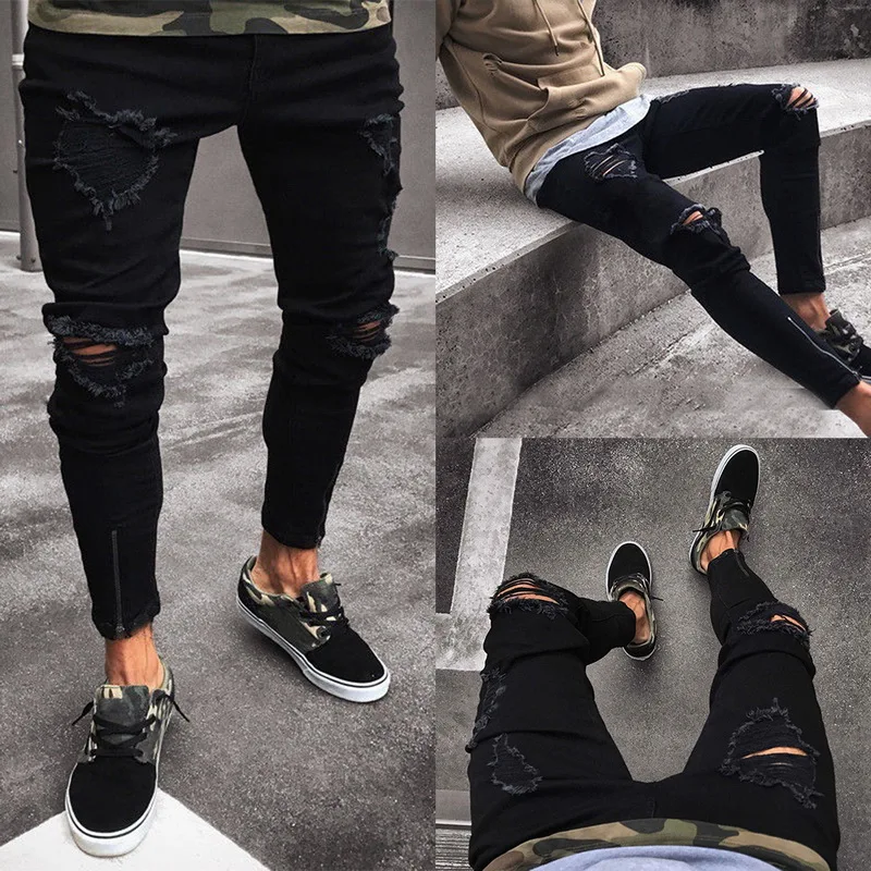 

2019 Jeans Trousers Men Cool Black Hole Jeans Pants Skinny Ripped Destroyed Hip Hop Stretch Jeans Pants New Design Sexy Jeans