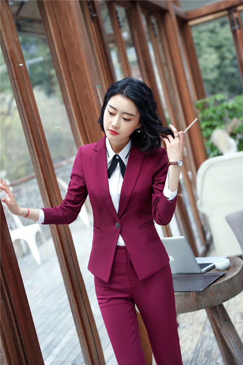 

2018 New Styles Fashion Wine Formal Pantsuits With Jackets And Pants For Women Uniforms Styles Blazers Pant Suits Trousers Sets
