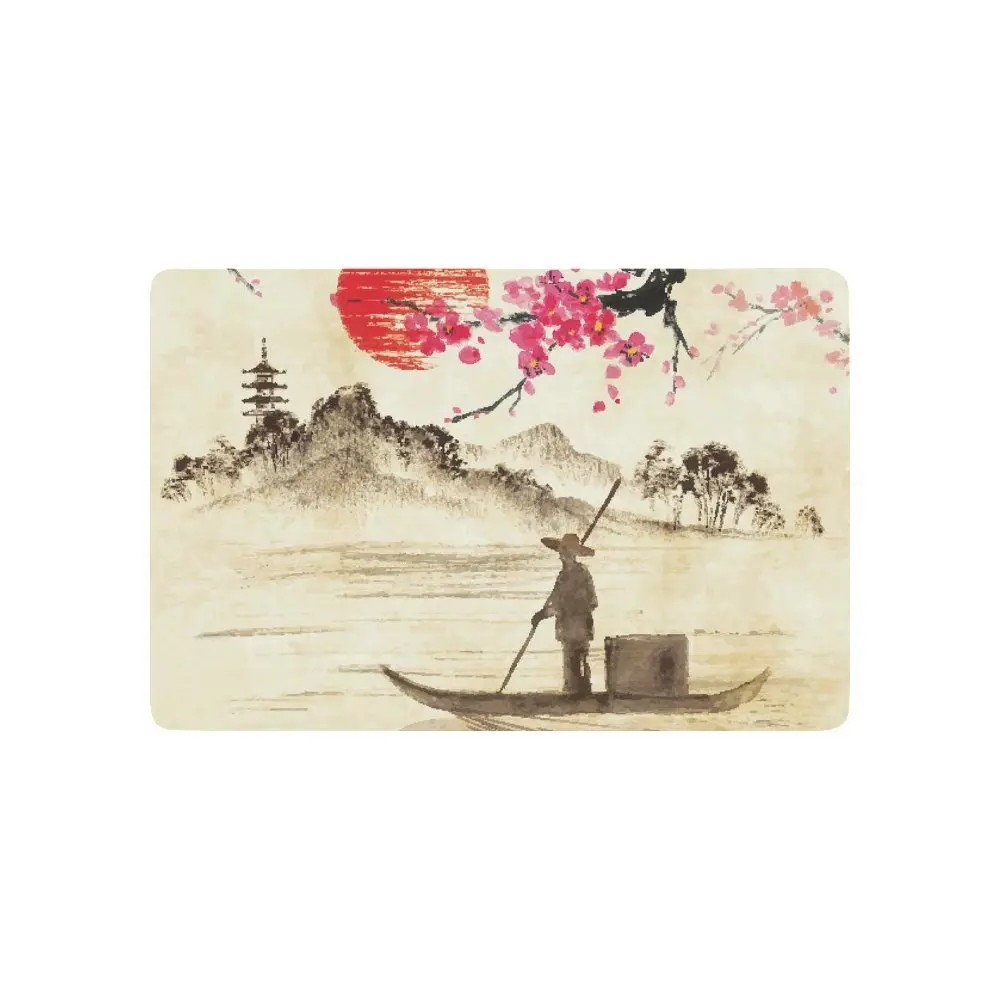 Креативный классический японский Противоскользящий дверной коврик с рисунком тушью, домашний декор, закат, ветви сакуры, Fishman, озеро, пейзаж