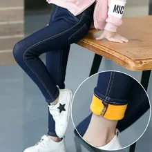 Novas crianças roupas de inverno engrossar 2-9 anos menina lã jeans moda elástica mais veludo quente denim crianças preto azul leggings