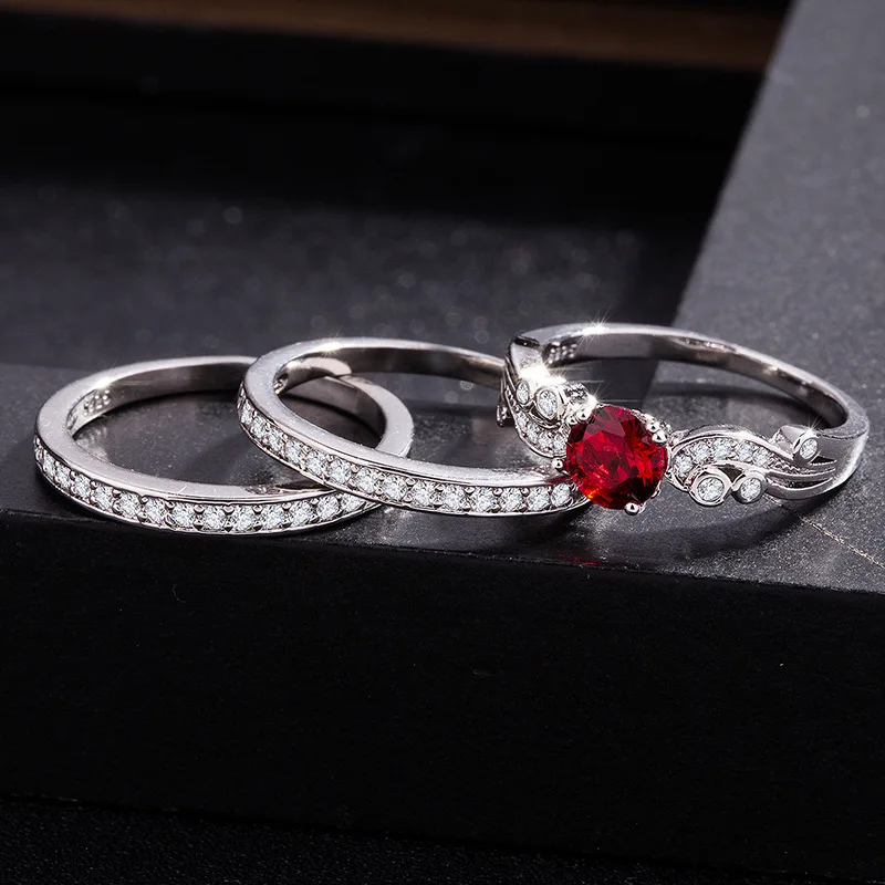 

3 set Luxury Zircon Wedding Ruby/Garnet Red Ring For Women With Paved Micro Crystal Silver Color Bridal Engagement Jewelry Gifts
