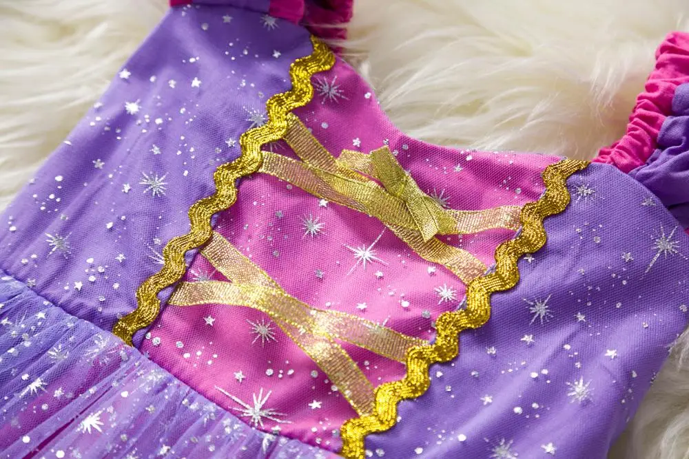 Костюм принцессы Рапунцель для маленьких девочек; летнее платье; маскарадный костюм на Хэллоуин; фиолетовое Повседневное платье-пачка; праздничное платье на Рождество и день рождения