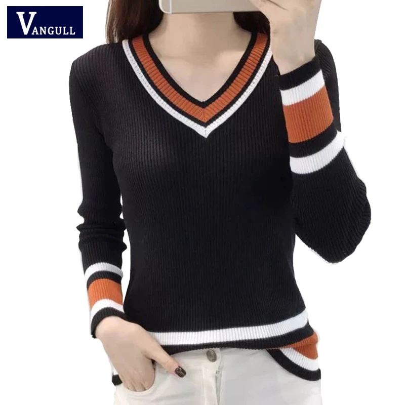 

Vangull Women Striped Knitted Sweater 2019 Spring Autumn Casual Pullovers Long Sleeve V-Neck Female Knitting Pullover Jumper