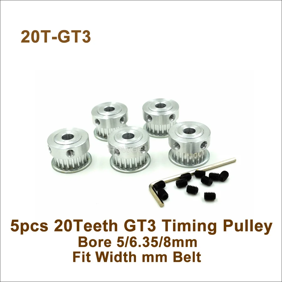 5pcs 20 Teeth 3GT Timing Pulley Bore 5/6.35/8mm Fit Width 6mm GT3