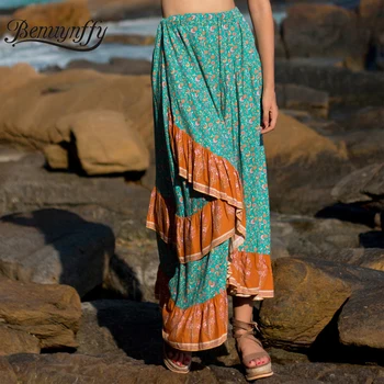

Benuynffy Womens Color Block Print High Waist Bohemian Skirts Long Women Vacation Beach Casual Layered Ruffle Summer Maxi Skirt