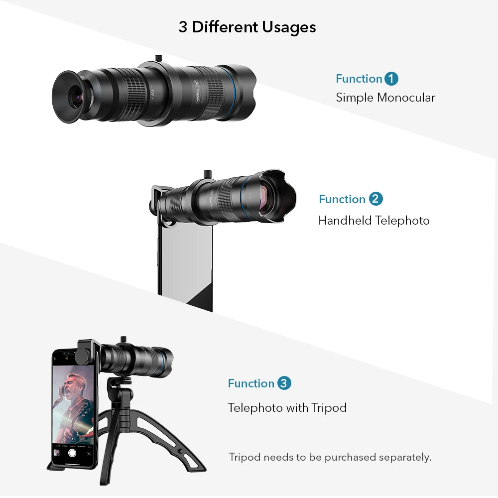APEXEL HD 36x telephoto zoom lens monocular+selfie tripod for iPhone Samsung other smartphones Travel Hunting Hiking Sports