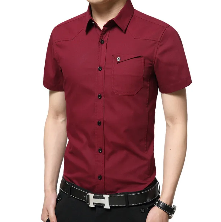 Новые Брендовые мужские рубашки в стиле кэжуал с коротким рукавом мужская рубашка, хлопок, Повседневная приталенная Мужская рубашка Chemise Homme M-5XL - Цвет: red