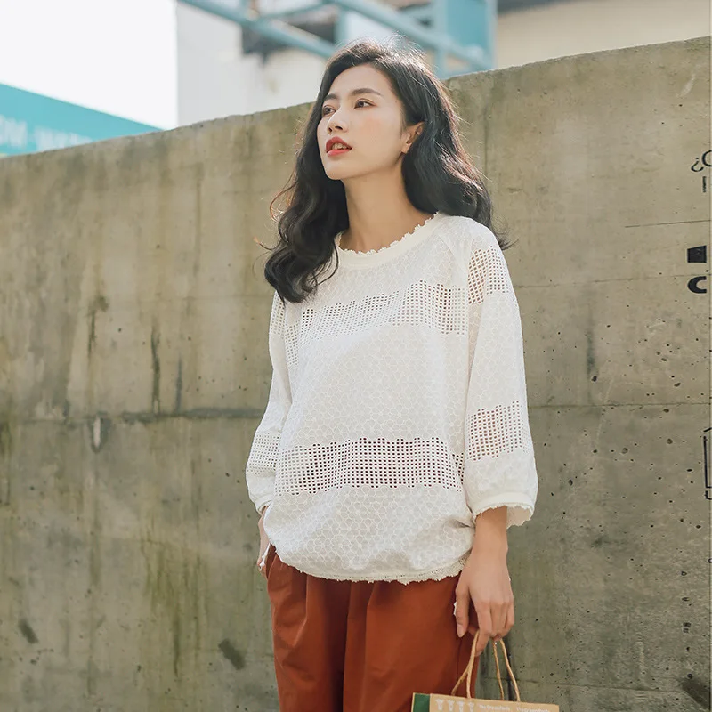 

Women Cotton Eyelet Embroidery Shirt Blouses Cinched Tops Spring Summer