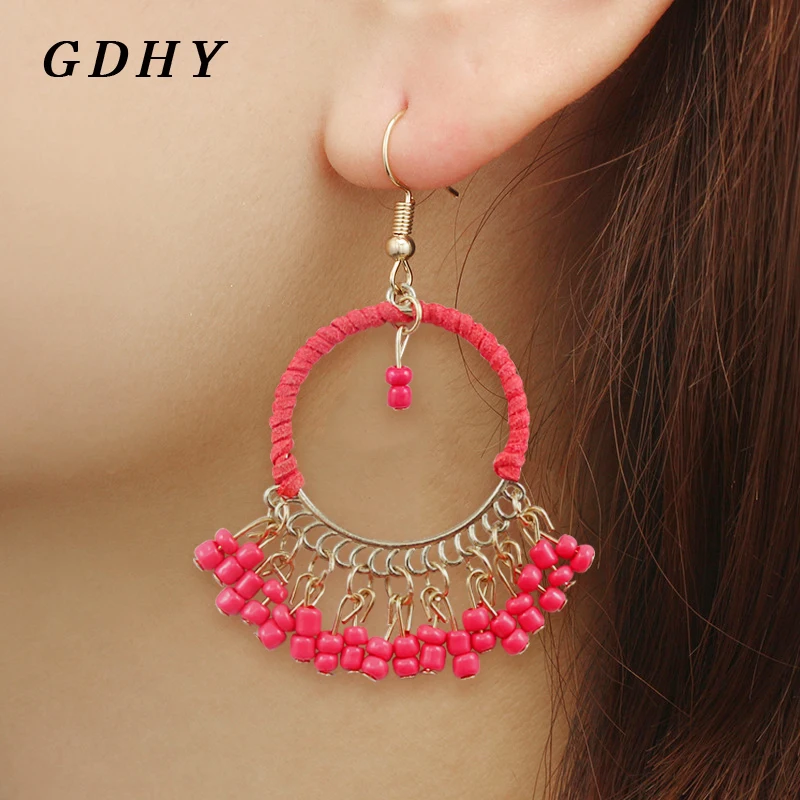 GDHY Bohemian Beaded Long Tassel Drop Earrings For Women Handmade Red Beads Dangle Ethnic Female Wedding Gift Jewelry | Украшения и